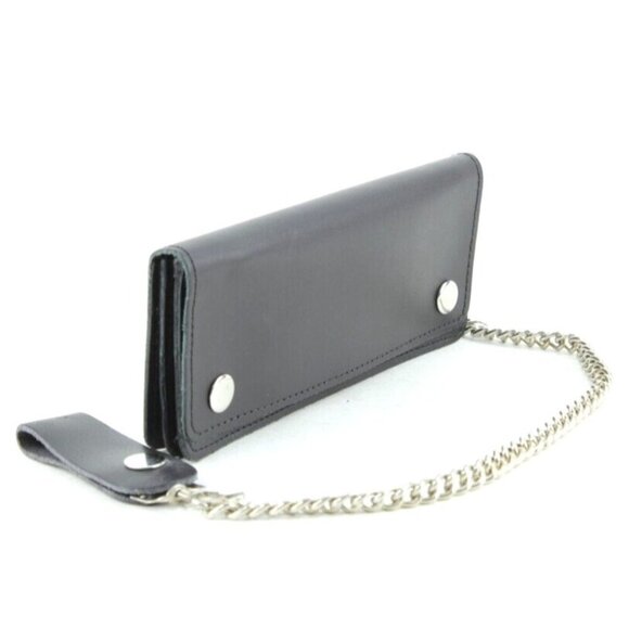 Men's Classic Genuine Premium Leather Snap Chain Trucker Biker Wallet Black NEW - Picture 2 of 9
